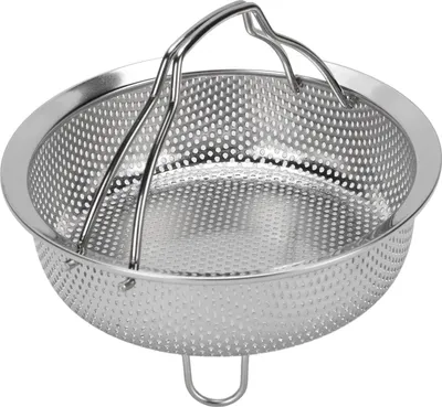 A stainless steel steamer basket with a foldable handle is shown against a white background.