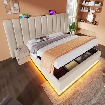 Produktbild von Polsterbett 160x200cm Beige aus Leinen, Stauraumbett mit hydraulischer Funktion, LED Bett mit App Steuerung und USB-C, Bettgestell mit Lattenrost