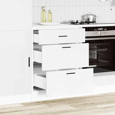 A white kitchen with drawers and an oven.