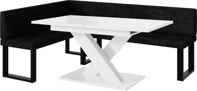 Produktbild von MEBLINI Eckbank für Esszimmer mit ausziehbarem Tisch  - Küchenbank - Essecke - Sitzecke Küche - TONI - U-Beine 142x196x87cm Links - Schwarz Samt/B Weiß Hochgl.