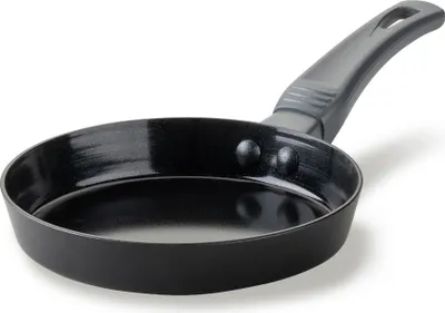 A black frying pan with a gray handle is shown against a white background.