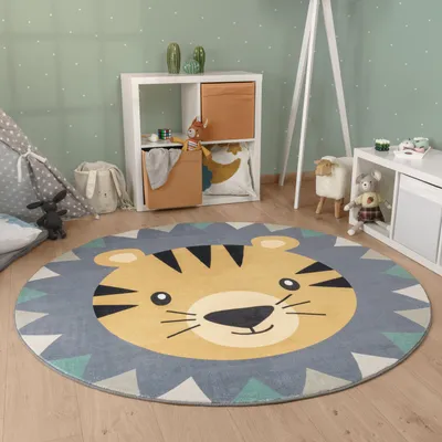 Produktbild von Kinderteppich Teppich Kinderzimmer Rund Waschbar Bis 30 Grad Löwenkopf Bärenkopf Grösse 160 cm Rund