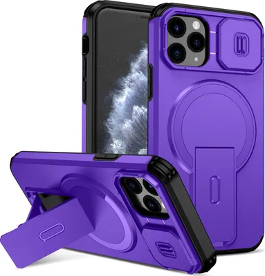 Obrázek produktu pro Magnetické pouzdro pro iPhone 11 Pro, dvouvrstvé odolné pouzdro s posuvnou ochranou fotoaparátu a nastavitelným stojánkem Fialová