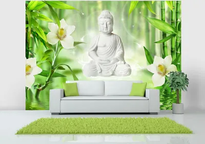 Produktbild von Vlies Fototapete Buddha 400x280 cm Tapeten Wandtapete XXL Blumen Orchidee Bambus Zen grün Oriental b-A-0049-a-a