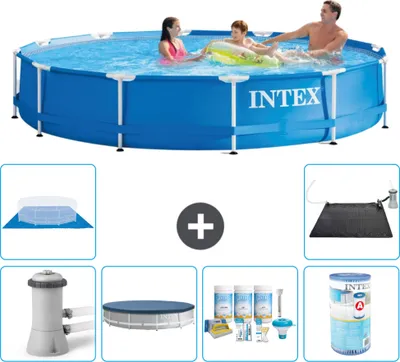 Produktbild von Intex Rundrahmen-Schwimmbecken – 366 x 76 cm – Blau – inklusive Pumpe Abdeckung - Wartungspaket - Filter - Bodenplane - Solarmatte