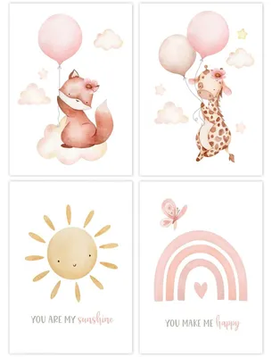 4 Aquarellposter für Mädchenzimmer – Fuchs, Giraffe, Regenbogen