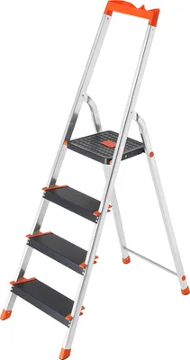 A silver and orange step ladder with black steps is shown against a white background.