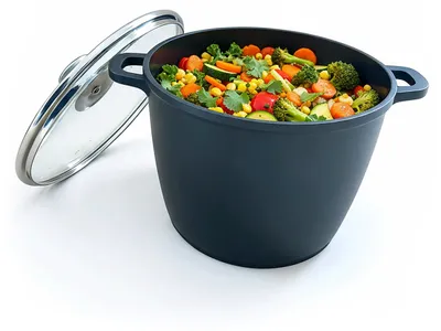 Produktbild von Relaxdays Suppentopf mit Glasdeckel, antihaft, XXL Kochtopf Induktion, 10 Liter, tiefer Topf, 28 cm, Aluguss, schwarz, KI-generiertes Bild