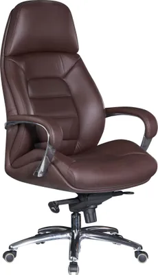 A brown leather office chair is shown against a white background.