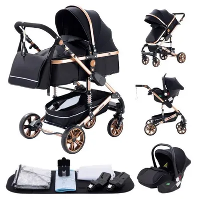 Productafbeelding van 3-in-1 kinderwagen met autostoel en reiswieg zwart-goud