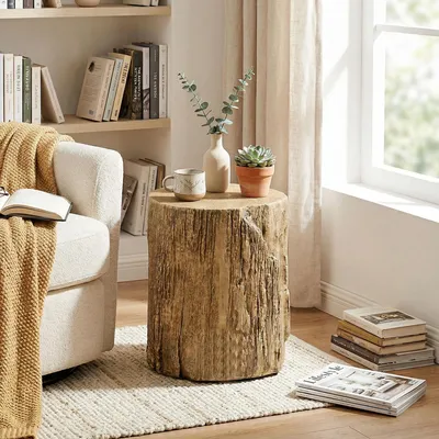 Produktbild von Beistelltisch Baumstumpf-Optik, Sofatisch Pflanzenständer Betonoptik, Naturholz-Look Beton | 37x37x43 cm | bis 90 kg | Nivellierfüße