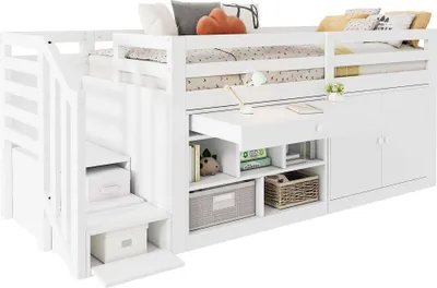 Produktbild von AIORBER Multifunktionales Kinderbett 90x200 aus Holz mit Treppe Stauraum Schubladen Schreibtisch Lattenrost ohne Matratze Kinderbett Weiß