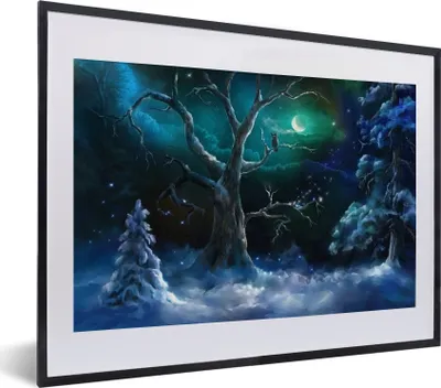 Produktbild von MuchoWow® MuchoWow® Gerahmtes Poster Eule - Schnee - Mond 40x30 cm - Poster mit zchwarzem Bilderrahmen - Bilderrahmen - Poster im Rahmen
