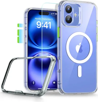 A clear phone case with a screen protector and a metal frame.