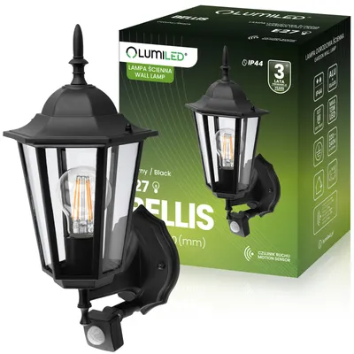 A product packaging box and a wall lamp are shown.