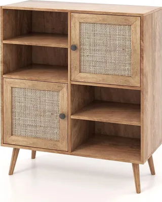 Produktbild von GOPLUS Sideboard mit Rattan-Türen, Küchenschrank mit 4 offene Fächer, Aufbewahrungsschrank Anrichteschrank Buffetschrank Holz für Küche, Esszimmer & Wohnzimmer
