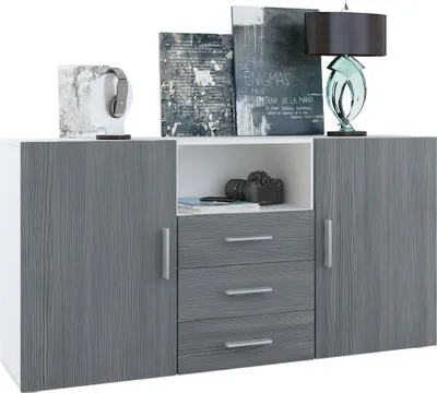 Produktbild von Vladon Sideboard Skadu, Kommode mit 2 Türen, 3 Schubladen und 1 offenem Fach, Weiß matt/Avola-Anthrazit (138,5 x 71,5 x 35 cm)