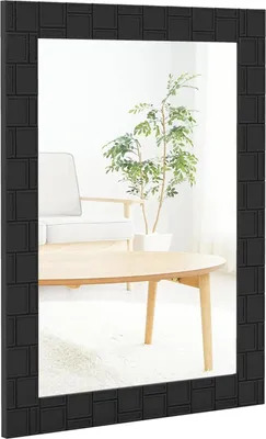 Produktbild von Wandspiegel, rechteckiger Kosmetikspiegel mit Rahmen aus Naturkautschukholz, vertikaler/horizontaler Dekospiegel für Wohnzimmer, 80 x 60 cm, Schwarz