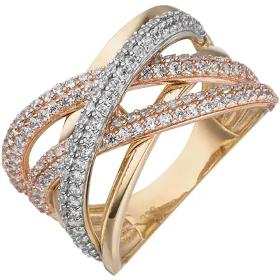 Produktbild von Breiter Pavé Ring aus 333 Gold Gelbgold Rotgold bicolor mit Zirkonia Damen Innenumfang 50mm Ø15.9mm