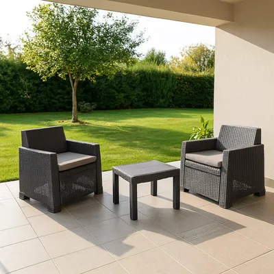 Produktbild von Dmora Set Gartenlounge Rosta Anthrazit Schwarz, Sofa für 2 Personen, mit Tisch