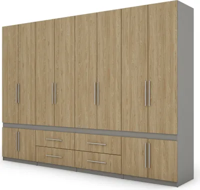 Produktbild von Meblast | Kleiderschrank 320x230 cm - Platin Grau/Geölte Eiche - Garderobe mit Regalen, Schubladen und Kleiderstange | Natürlicher Charakter