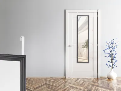 A modern interior scene with a white door featuring a full-length mirror, a white vase with blue flowers, and a framed picture on the left.