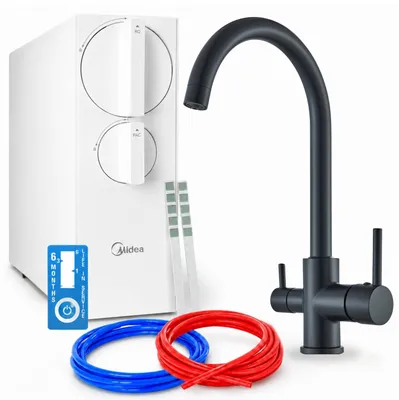 Produktbild von Küchenarmatur Mit Umkehrosmose-Wasserfilter Ari Linko 800 Gpd, Zweigriffarmatur, Keramikkartusche, Perlator, 360 Grad Schwenkbar, Messing, Schwarz Matt