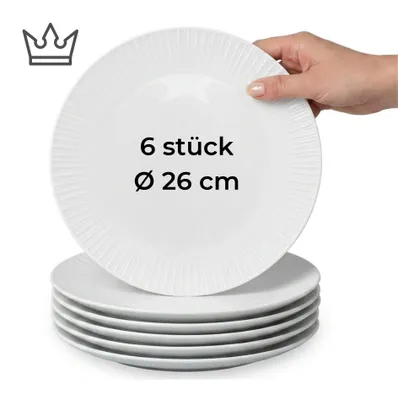 6er-Set Premium Porzellan Speiseteller Ø26 cm – Elegantes Rillendesign in edlem Weiß