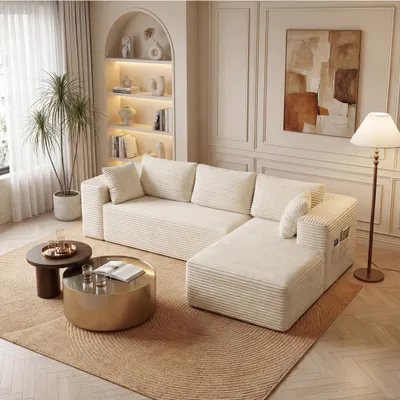 Produktbild von BEALIFE Ecksofa mit Recamiere rechts 4-Sitzer | Modulares Cord-Sofa | Dunkelgrau/Creme | AR43