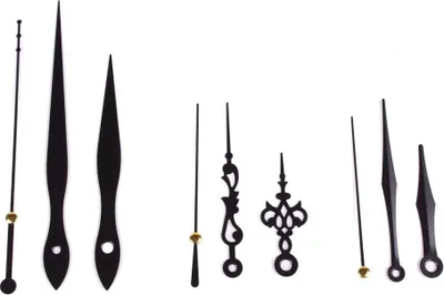 A collection of black clock hands of various styles and sizes, arranged on a white background.