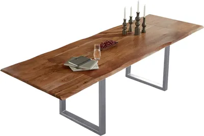 Produktbild von SAM® Esstisch Baumkante Akazie nuss 180(280)x90 Ansteckplatten silber ADINA