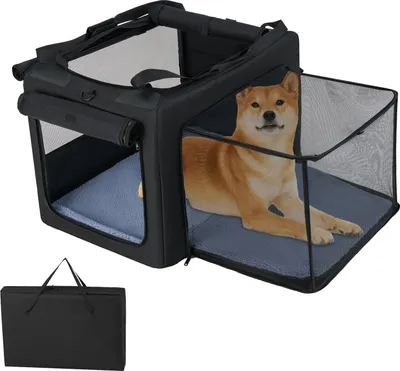 Produktbild von GOPLUS Transportbox für Hunde und Katzen, Transporttasche faltbar mit 5 Belüftungsfenstern, 2 Öffnungen, Matte und Schultergurt, 88 x 72 x 48 cm