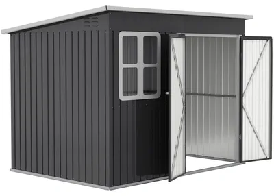 Image de Abri de jardin en acier galvanisé, résistant aux intempéries, maisonnette en métal avec fenêtre, couleur gris foncé | Ventilation | Porte de 114 cm de largeur | Dimensions : 260 x 177 x 190 cm