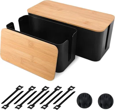 Produktbild von PolkaHome® 2er Set Kabelbox Bambusdeckel Kabelorganizer Kabelaufbewahrung Steckdosenleiste Box Kabelmanagement Schreibtisch
