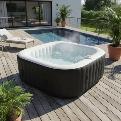Obrázok produktu pre SUNSPA Nafukovacia štvorcový bazén s masážnymi tryskami pre 6 osôb, 130 mikrotryskami, s možnosťou ohrevu až do 40°C, 12V filtračná pumpa, objem 800 litrov, vrátane filtra, podložky a ochranného krytu. (AC02)