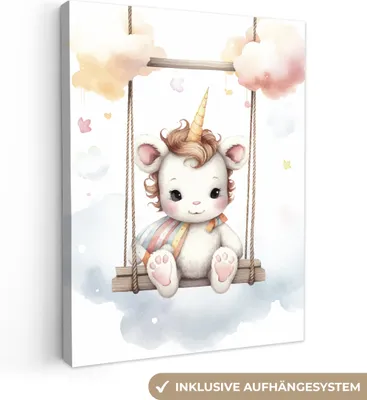 Produktbild von MuchoWow® - Leinwandbilder - Einhorn - Tier - Kinder - Einhorn, Wandbild, Wanddeko Bilder Wohnzimmer, 30x40 cm