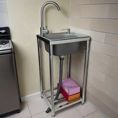 Zdjęcie produktu dla Wolnostojący zlew – jedno komorowy, ze stali nierdzewnej – z baterią – jasnoszary – do kuchni