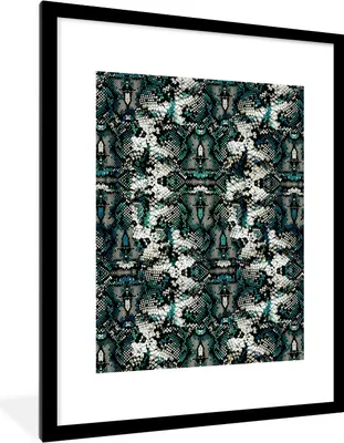 Produktbild von MuchoWow® Gerahmtes Poster Tiermuster - Schuppen - Weiß - Türkis 60x80 cm - Poster mit Schwarzem Bilderrahmen Wandposter Rahmen Foto Bilder - Wohnzimmer - Dekorationen - Prämie