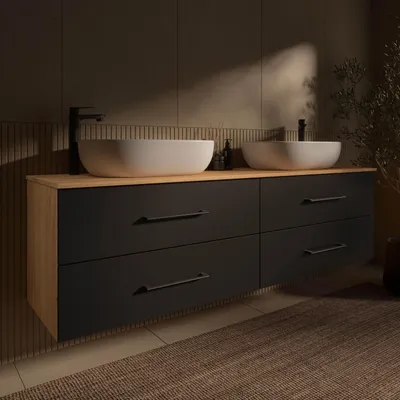 Produktbild von Planetmöbel LUX Badmöbel-Set Waschbecken mit Unterschrank 180 cm Gold Eiche/Anthrazit hängend & 2 x Aufsatz-Waschbecken 60 cm Weiß