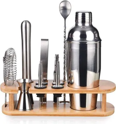 Image de Set professionnel d'accessoires pour cocktails avec présentoir pour bar à domicile - Set d'ustensiles de bar en acier inoxydable - Set de 12 shakers à cocktail de 750 ml