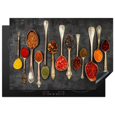 Produktbild von KitchenYeah© Herdabdeckplatte Löffel - Beton - Kräuter - Gewürze , 75x52cm, Küche Deko, Glaskeramikkochfeld Herdabdeckung, Abdeckplatte fùr Kochfeld