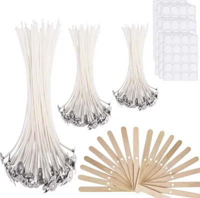 Produktbild von Kerzendocht (300 Stück), 9/15/20cm Dochte für Kerzen mit 30 Stück Dochthalter aus Holz und 180 Doppelseitige Dots Docht Aufkleber,für Kerzen für die Kerzenherstellung Candle DIY