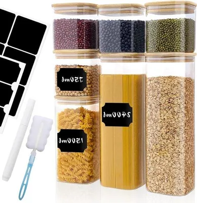 Productafbeelding van Glazen voorraadpotten, set van 7 - 750 ml/1500 ml/2400 ml - rechthoekig met houten deksel - geschikt voor spaghetti, muesli, bonen