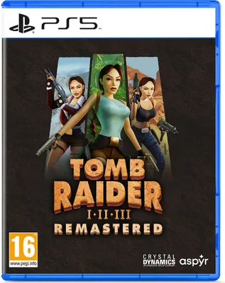The image shows the game box for Tomb Raider I-III Remastered for PlayStation 5.