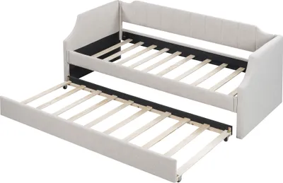 Zdjęcie produktu dla Łóżko tapicerowane Fortuna Lai 90 x 200(190) cm z podstawą łóżka, łóżkiem wysuwanym, rozkładaną sofą, łóżkiem dla gości, beżowe