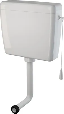 A white toilet cistern with a pull-chain flush mechanism.