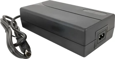 A black power adapter with a cord and a connector.