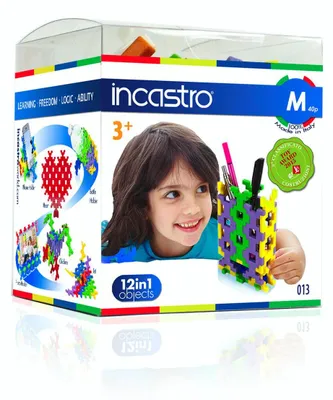 Zdjęcie produktu dla Klocki konstrukcyjne Incastro Cube M – 40 elementów (elementy z tworzywa ABS o wymiarach 3,5 cm, różne poziomy łączenia, 12 instrukcji montażu, bawełniany woreczek) – certyfikaty CE i EN-71, od 4 lat