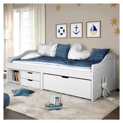 Produktbild von Einzelbett mit 3 Schubladen 90 x 200 cm, Kojenbett mit Stauraum, Jugendbett aus massivem Kiefernholz, Funktionsbett in Weiß