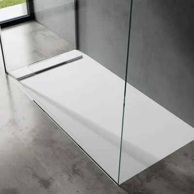 Produktbild von doporro Duschtasse Duschwanne 80x160x4 flach Mineralguss in Weiß DIN-Anschlüsse für bodenebene Montage geeigne inkl. Ablaufgarnitur Geoma04